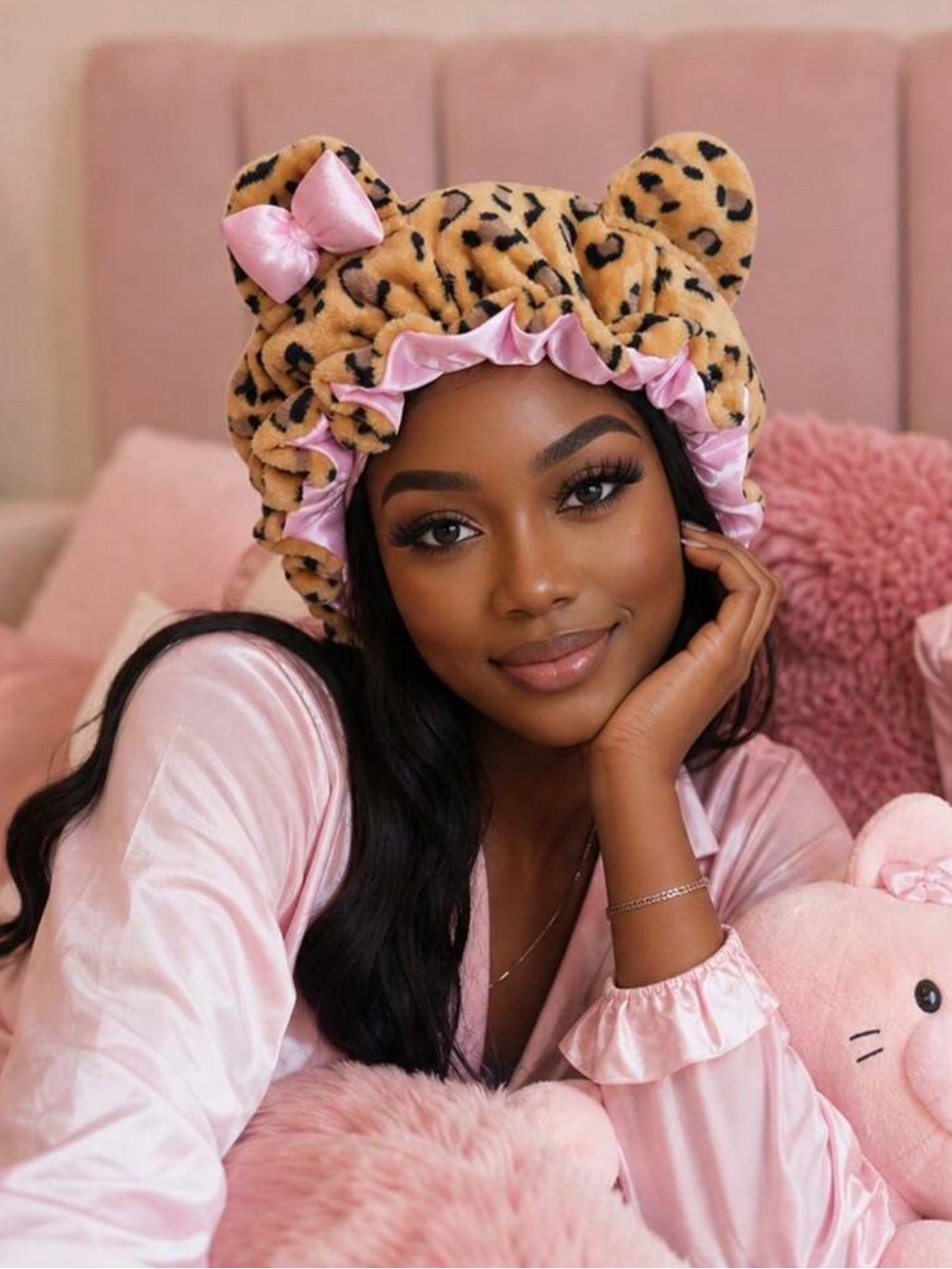 CONFLASS Leopard Print Bear Ear Satin Lined Sleep Cap, Cute Pink Bow Fleece Head